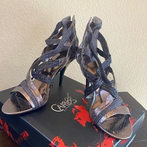 Metallic black high heel sandals